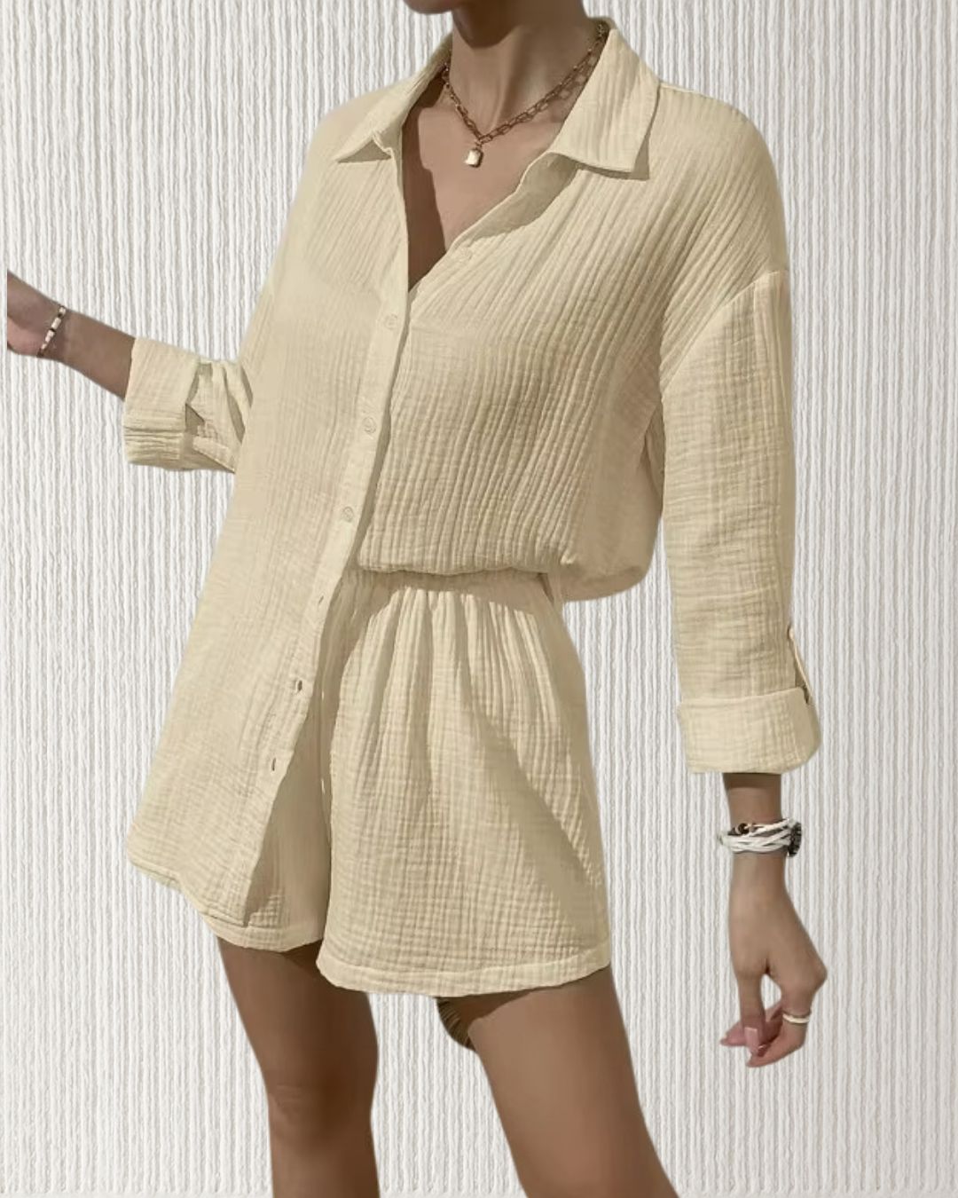 Isla Set – Sand, women’s cotton muslin two-piece with oversized long-sleeve shirt and matching shorts; breathable cheesecloth, firm elasticised waistband.