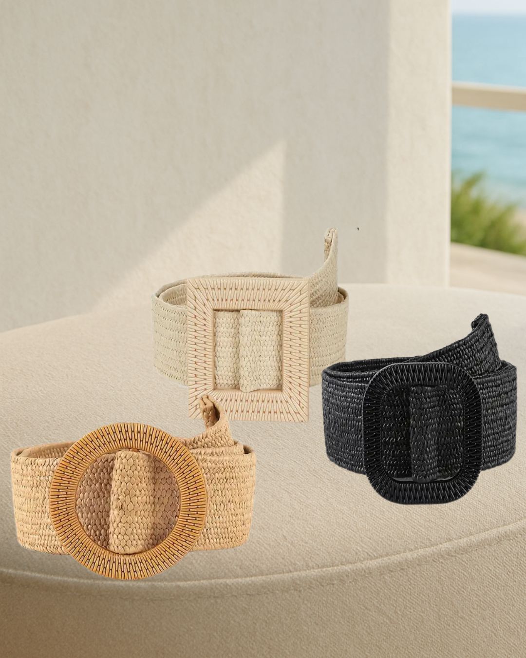 Coastal 3-Piece Belt Set – Camel round buckle, Black square buckle and Beige square buckle in rattan-look weave, 5 cm width.