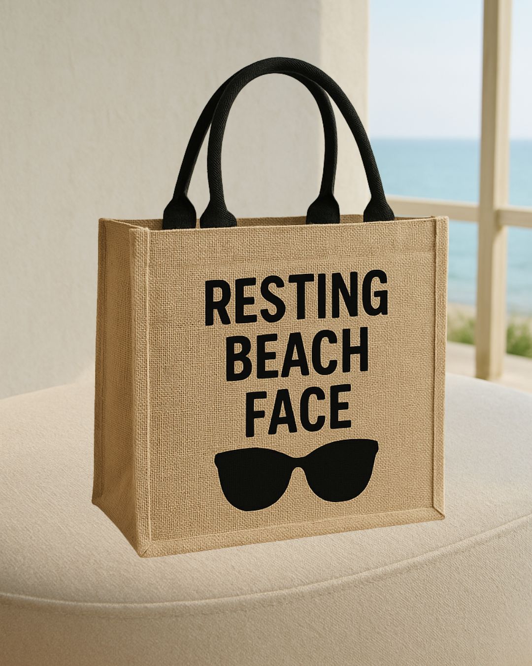 Coastal Jute Tote Bag – “Resting Beach Face”