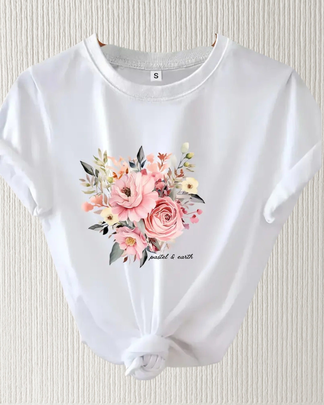 Floral Signature T-Shirt – White; women’s crew neck tee with Pastel & Earth floral graphic, regular fit, micro-stretch knit.