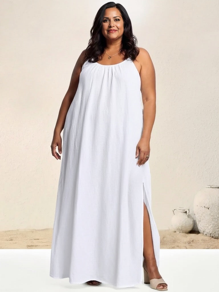 Isla Dress White – plus size women’s 100% cotton muslin (cheesecloth) midi dress with spaghetti straps and relaxed fit. Lightweight, breathable summer style by Pastel & Earth.