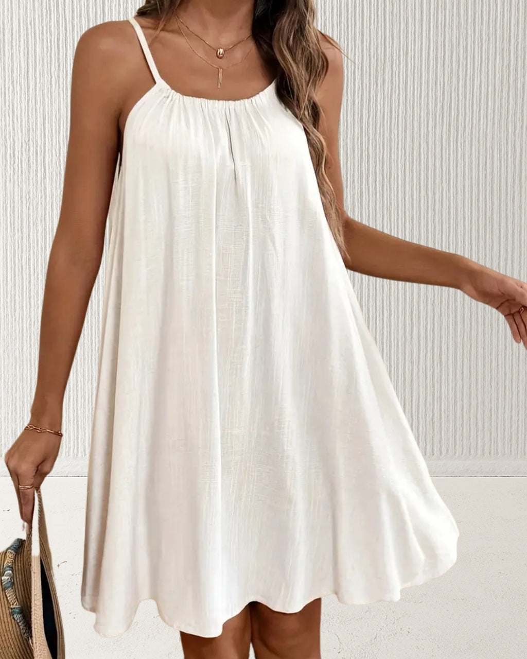 Aurora Backless Short Dress – Off-White; linen-look polyester, adjustable straps, oversized short silhouette.
