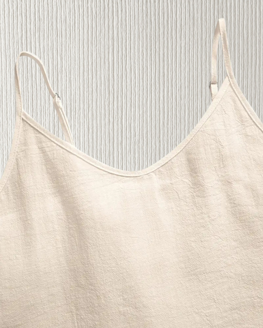Aurora Camisole Top – Beige, spaghetti strap adjustment detail; 100% cotton for comfortable wear.