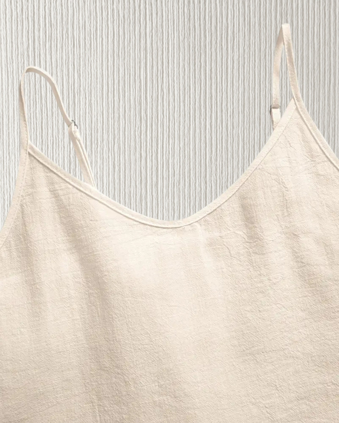 Aurora Camisole Top – Beige, spaghetti strap adjustment detail; 100% cotton for comfortable wear.