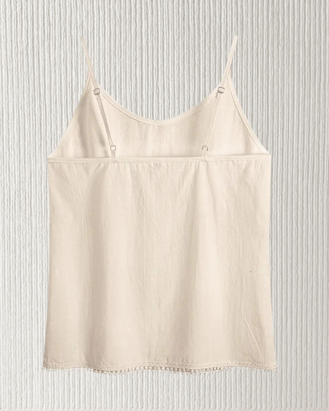 Aurora Camisole Top – Beige, back view; breathable cotton camisole with adjustable straps and delicate trim.