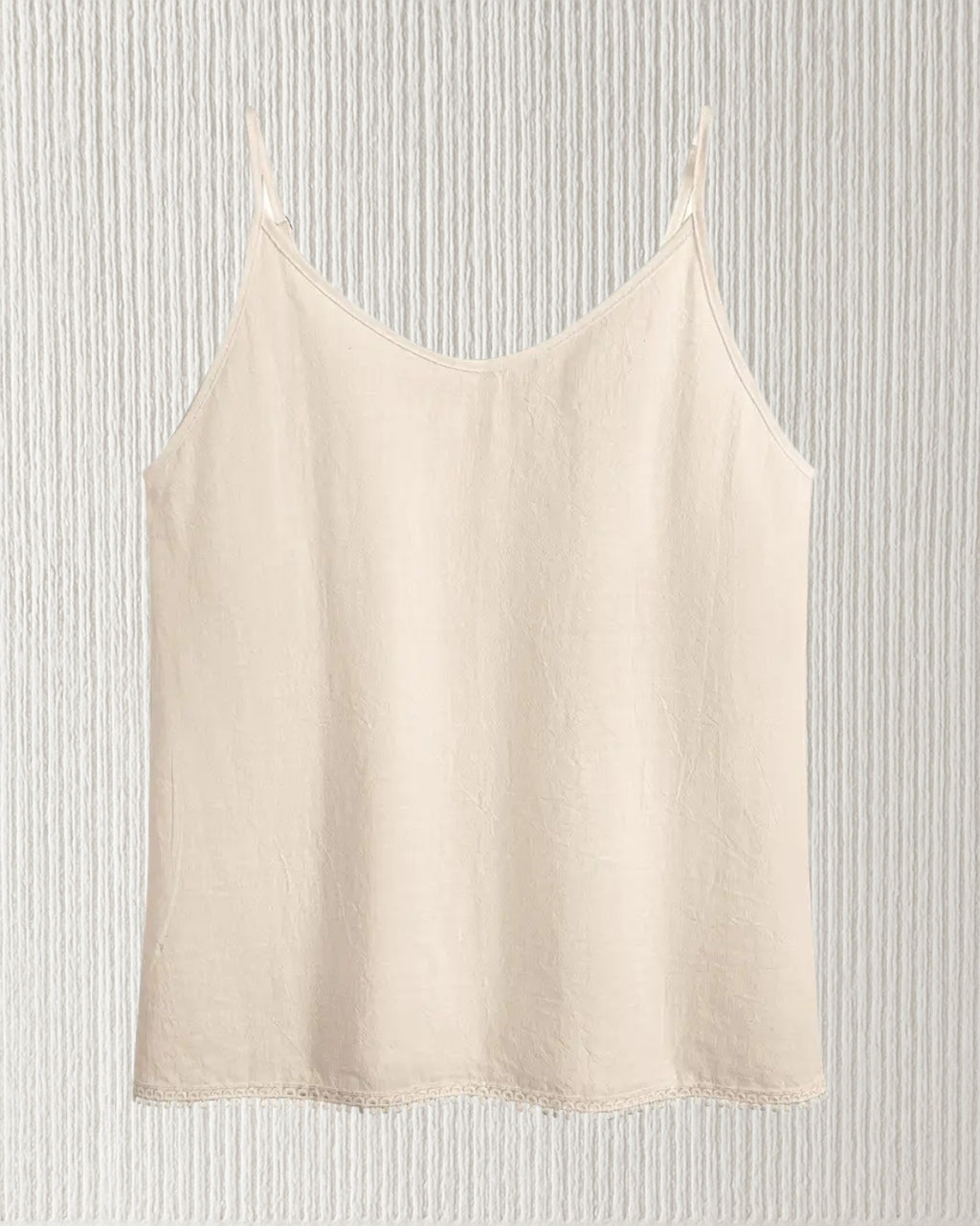 Aurora Camisole Top – Beige, front view; cotton V-neck cami with adjustable spaghetti straps; loose, true-to-size fit.