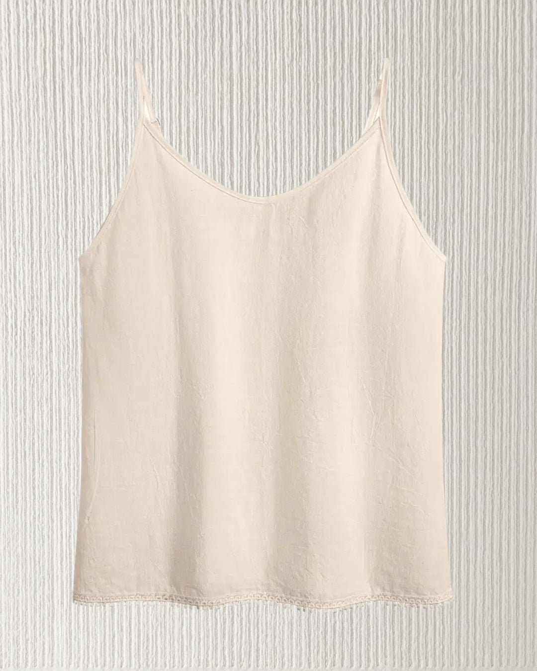 Aurora Camisole Top – Beige, front view; cotton V-neck cami with adjustable spaghetti straps; loose, true-to-size fit.