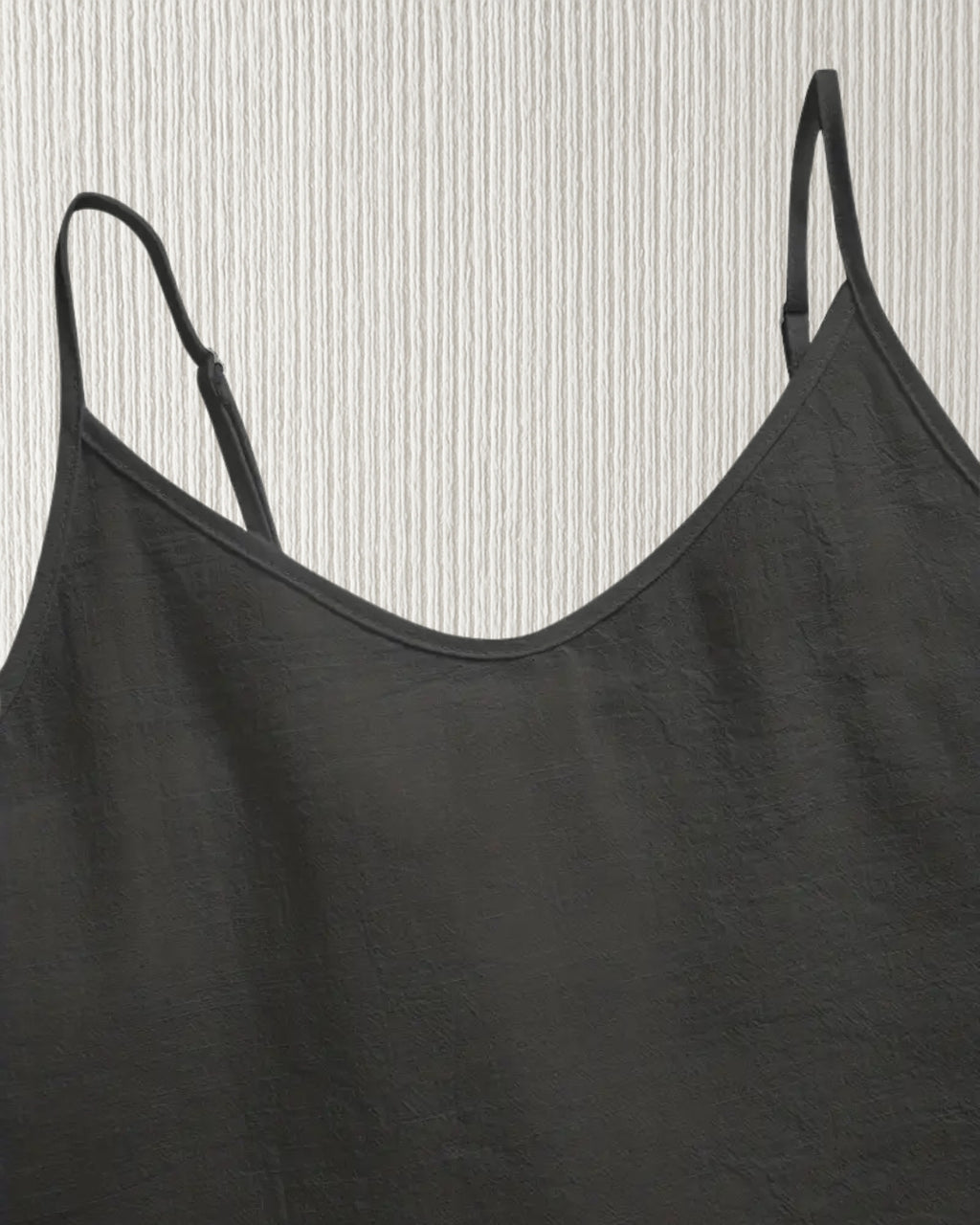 Aurora Camisole Top – Black, adjustable spaghetti strap close-up; cotton cami, custom fit.