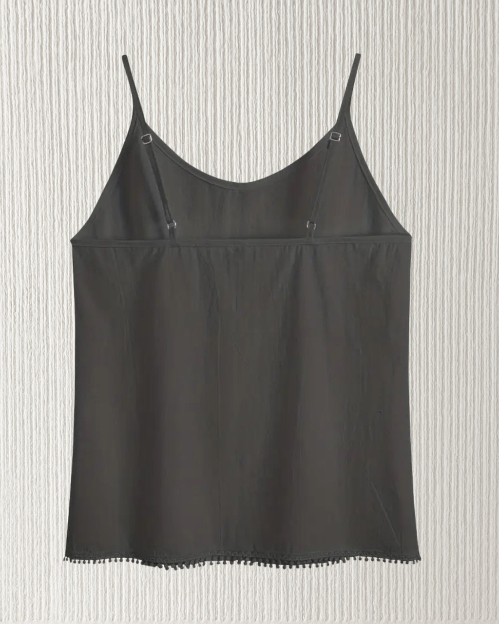 Aurora Camisole Top – Black, back view; 100% cotton camisole with adjustable straps and neat trim.