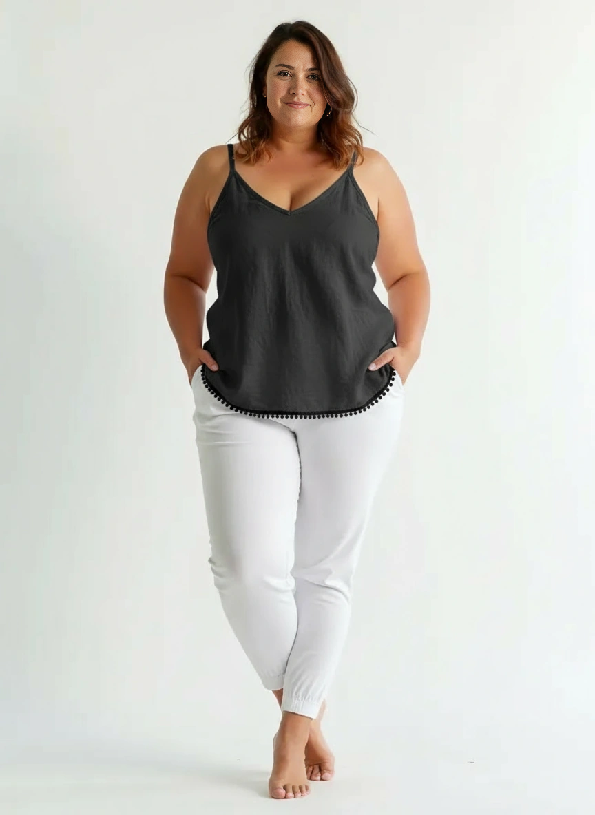 Aurora Camisole Top – Black on plus size model; 100% cotton V-neck with adjustable straps and hem trim; relaxed, true-to-size. Sizes 8-18.