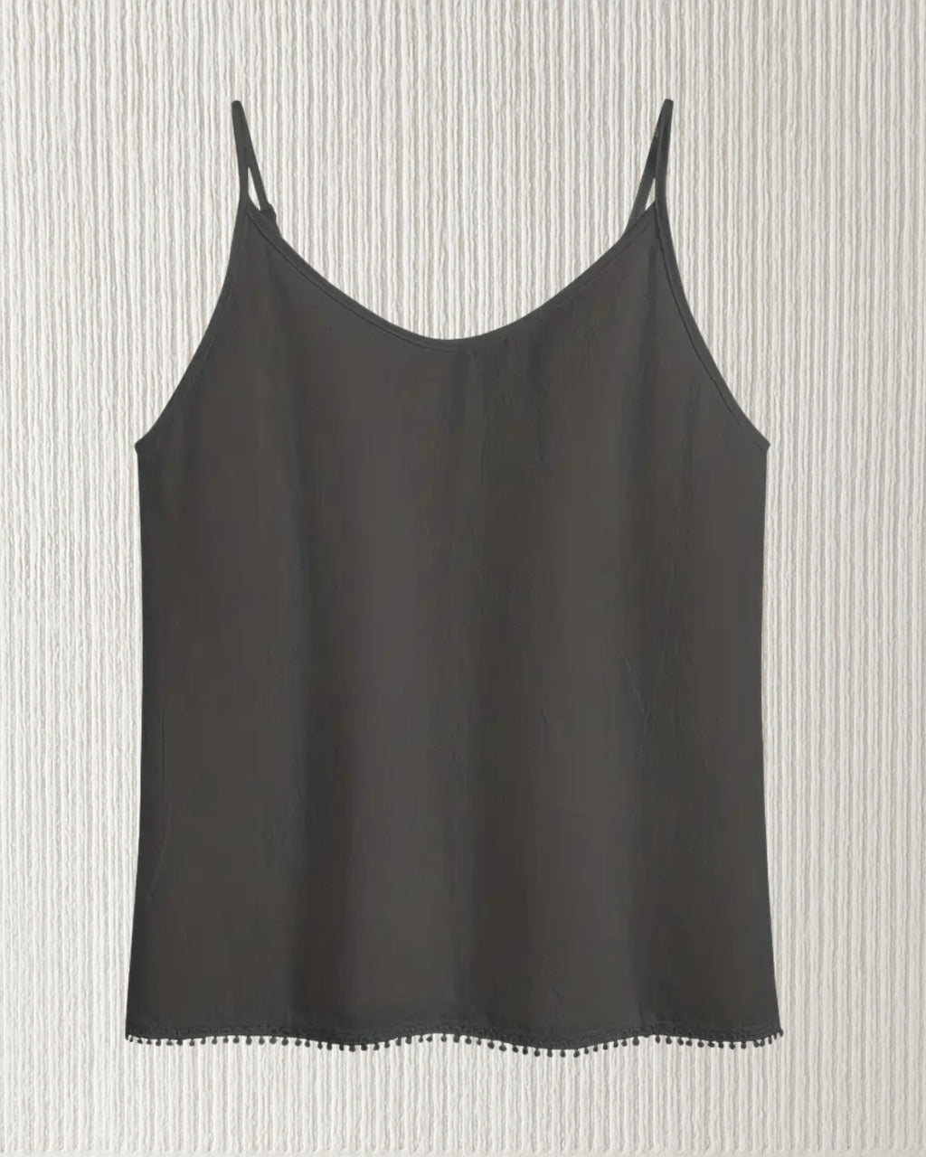 Aurora Camisole Top – Black, front view; cotton V-neck cami with adjustable spaghetti straps; loose, breathable fit.