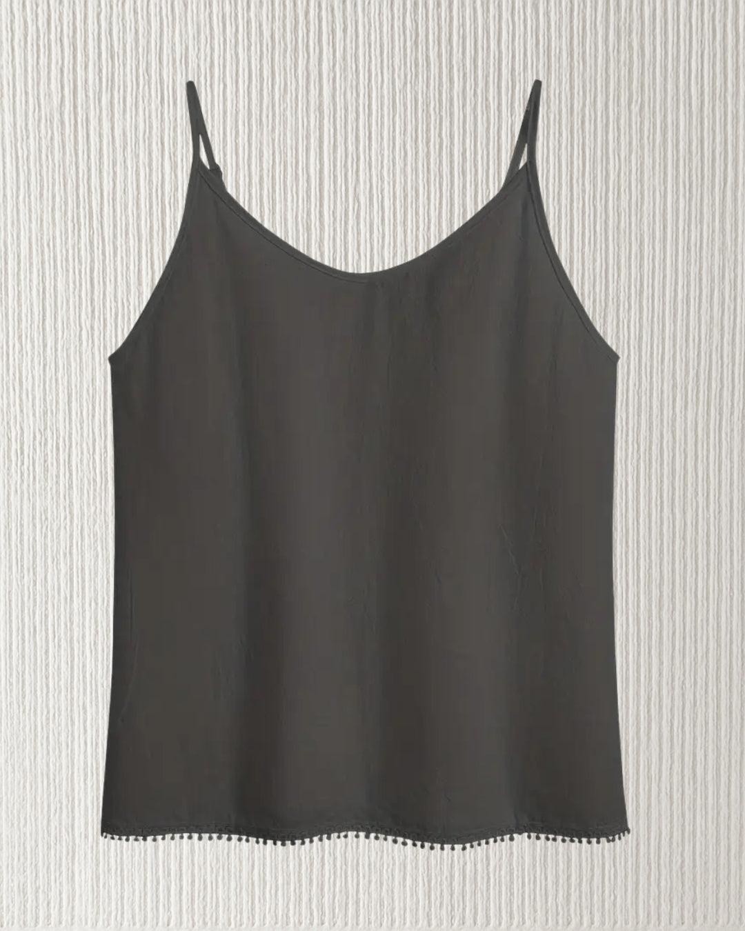 Aurora Camisole Top – Black, front view; cotton V-neck cami with adjustable spaghetti straps; loose, breathable fit.
