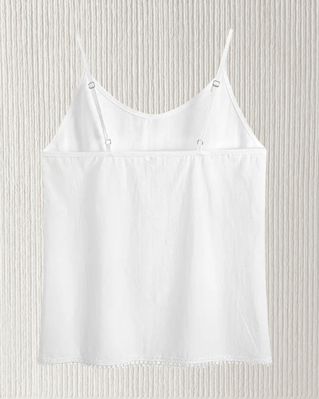 Aurora Camisole Top – White, back view; cotton camisole with adjustable straps and clean hem trim; easy summer layer.