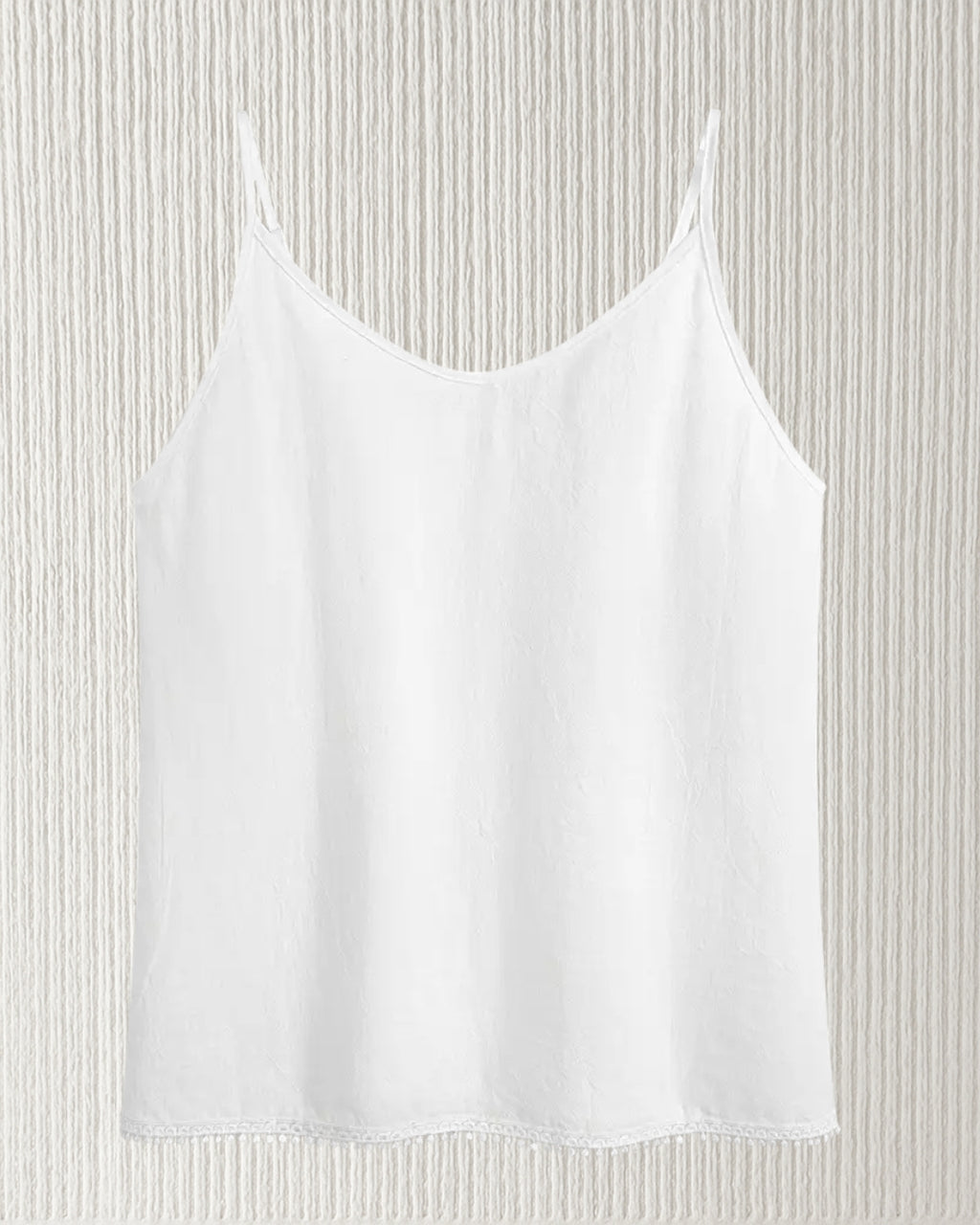 Aurora Camisole Top – White, front view; 100% cotton, V-neck, adjustable straps; relaxed, true-to-size silhouette.