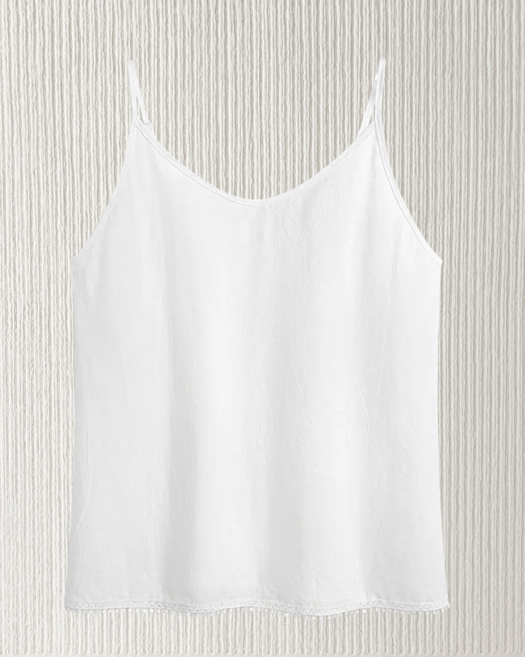 Aurora Camisole Top – White, front view; 100% cotton, V-neck, adjustable straps; relaxed, true-to-size silhouette.