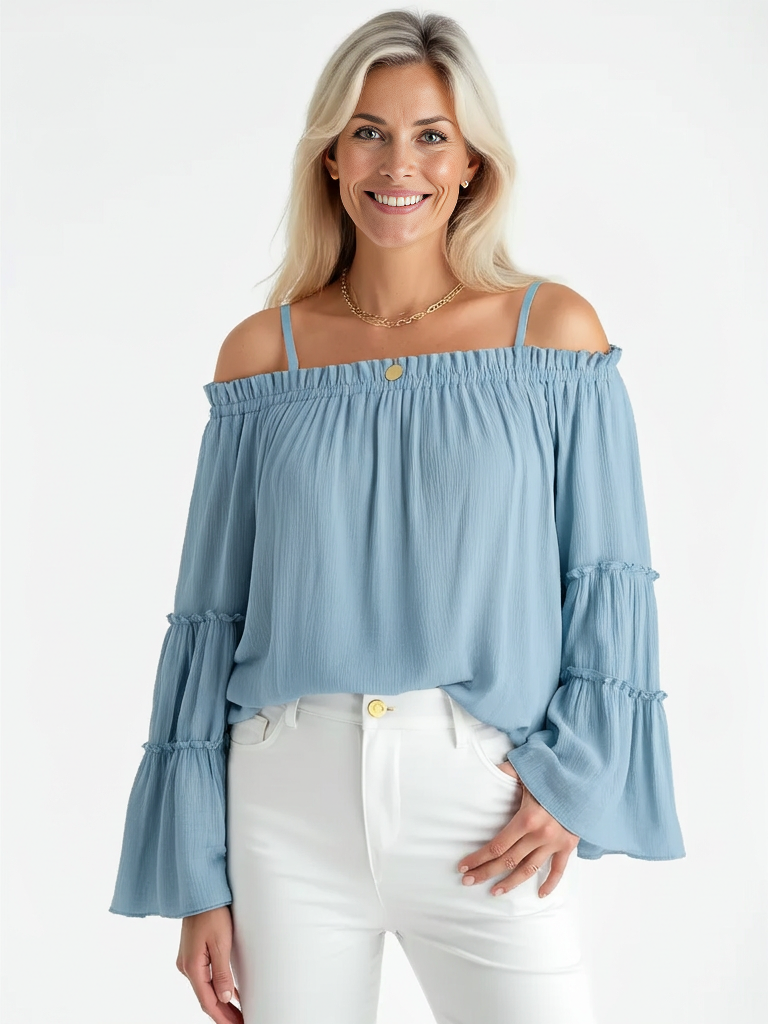 Aurora Off-the-Shoulder Ruffle Top – Blue; relaxed A-line fit with ruffle bell sleeves in lightweight polyester. Shoestring straps.