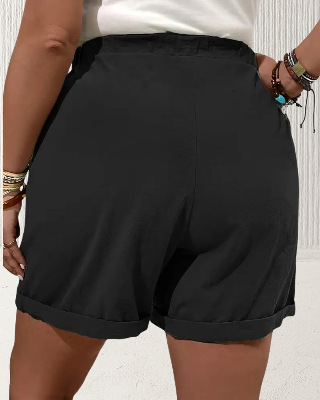 Aurora Plus Size Cotton Shorts in Black non-stretch cotton, easy drape and cuffed hem; AU sizes 16–24 – back view.