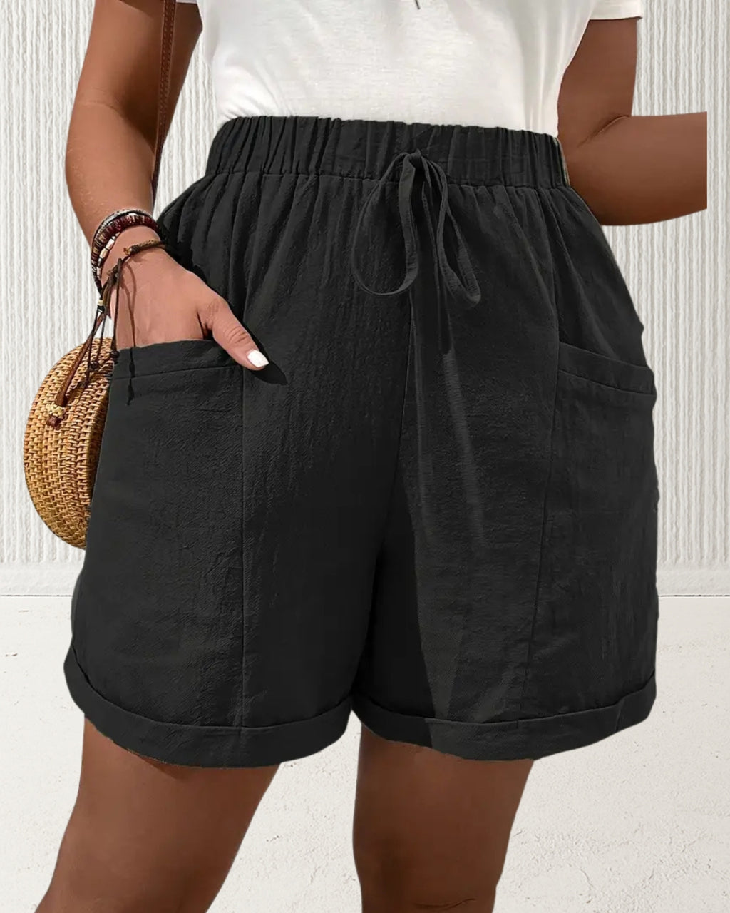 Aurora Plus Size Cotton Shorts – Black; breathable 100% cotton, elasticised waist, front pockets, relaxed leg; AU sizes 16–24 – front view.