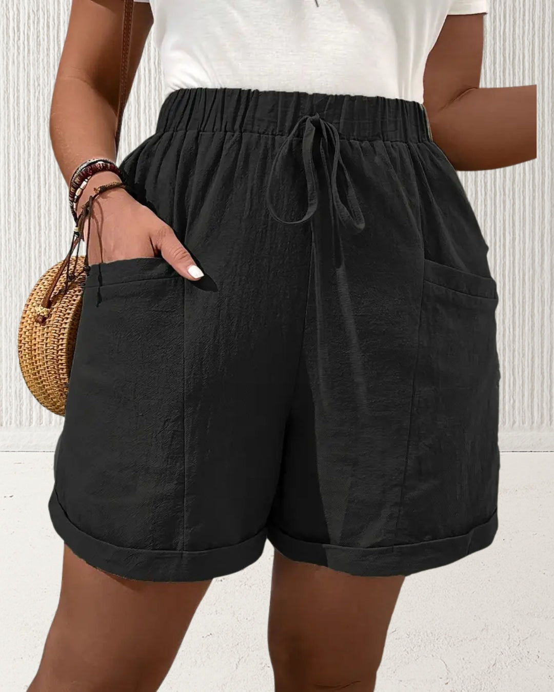 Aurora Plus Size Cotton Shorts – Black; breathable 100% cotton, elasticised waist, front pockets, relaxed leg; AU sizes 16–24 – front view.