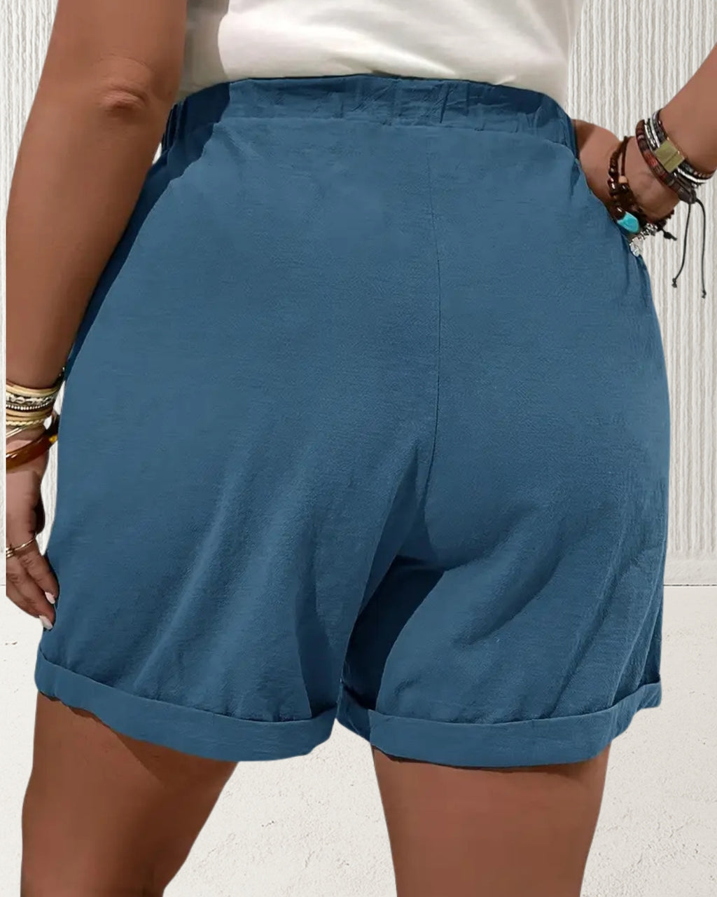 Aurora Plus Size Cotton Shorts – Blue; breathable non-stretch cotton with turned-up hem; AU sizes 16–24 – back view.