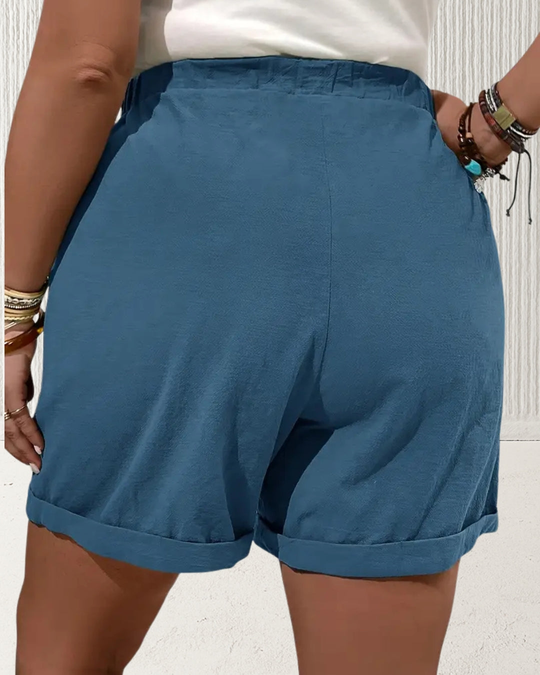 Aurora Plus Size Cotton Shorts – Blue; breathable non-stretch cotton with turned-up hem; AU sizes 16–24 – back view.