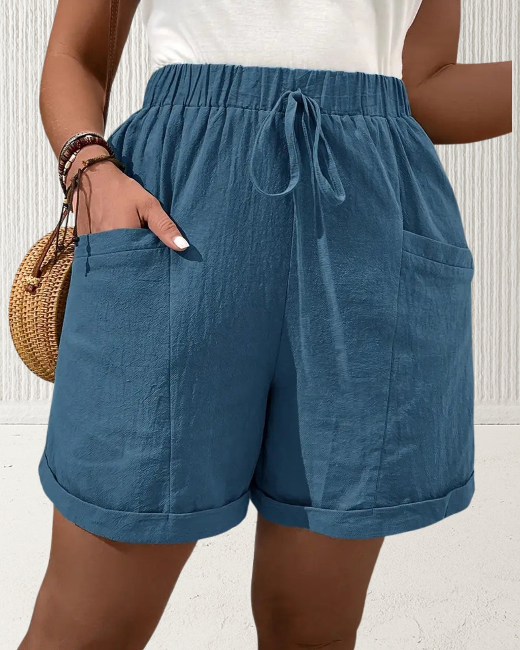 Aurora Plus Size Cotton Shorts – Blue; lightweight 100% cotton, elasticised waist, patch pockets, relaxed leg; AU sizes 16–24 – front view.