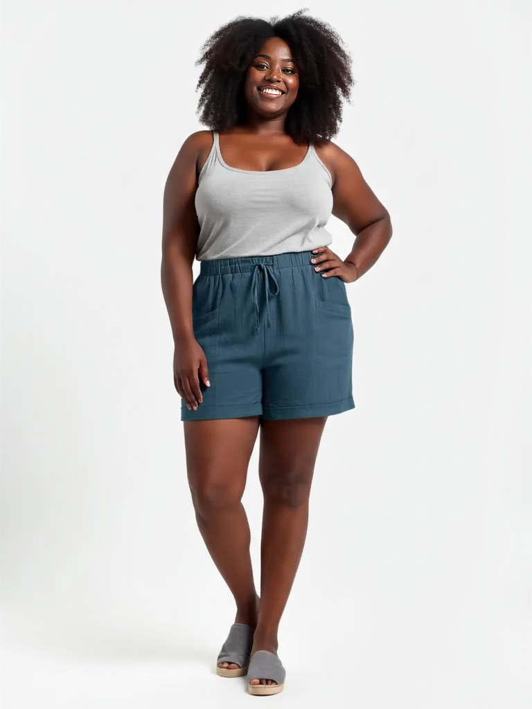Aurora Plus Size Cotton Shorts – Blue; lightweight 100% cotton, elasticised waist, large pockets, relaxed leg; AU sizes 16–24 model front view