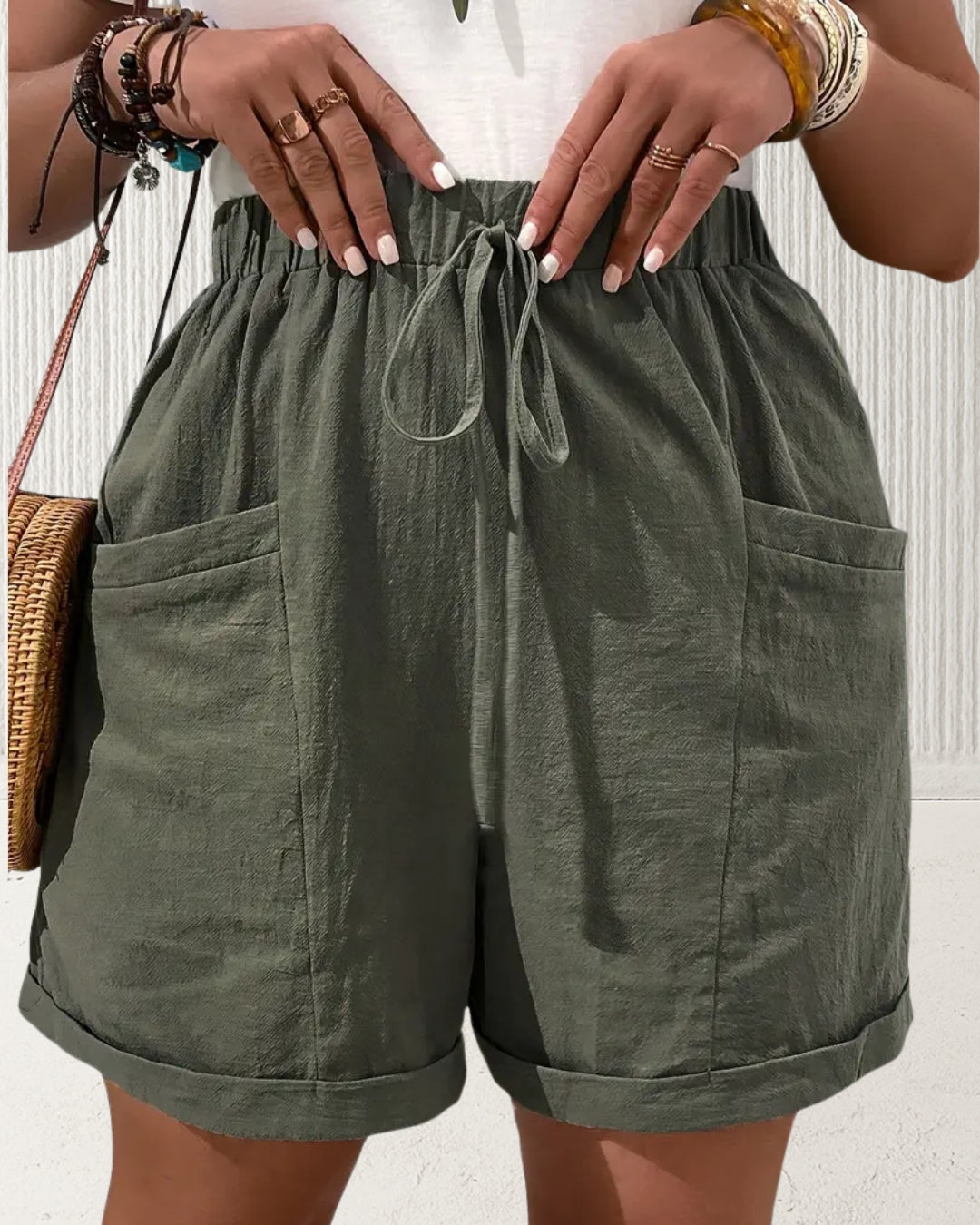 Aurora Plus Size Cotton Shorts – Olive; 100% cotton pull-on shorts with elasticised waist, front patch pockets, relaxed leg; AU sizes 16–24 – front view.
