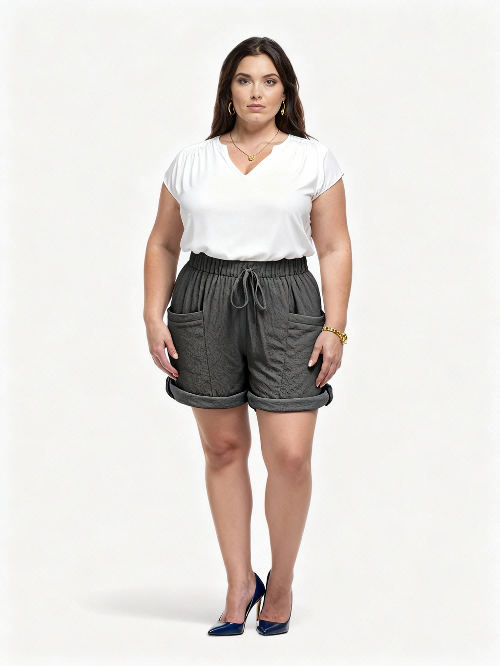Aurora Plus Size Cotton Shorts – Olive; 100% cotton pull-on shorts with elasticised waist, large pockets, relaxed leg; AU sizes 16–24 – curvy lifestyle model view.