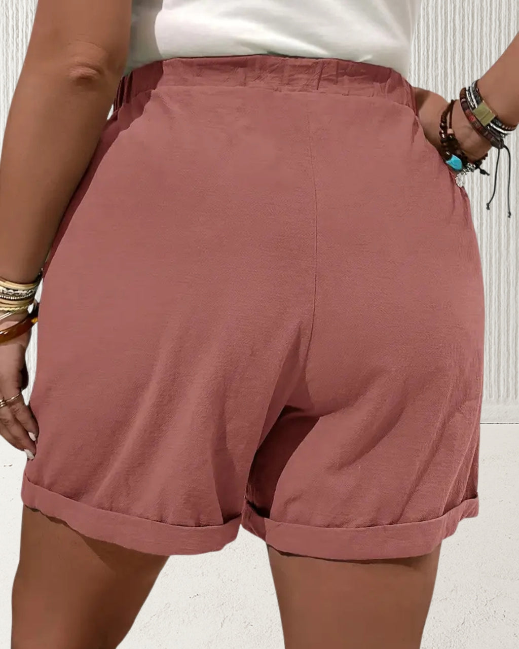 Aurora Plus Size Cotton Shorts – Pink; non-stretch cotton, relaxed leg and cuffed hem; AU sizes 16–24 – back view.