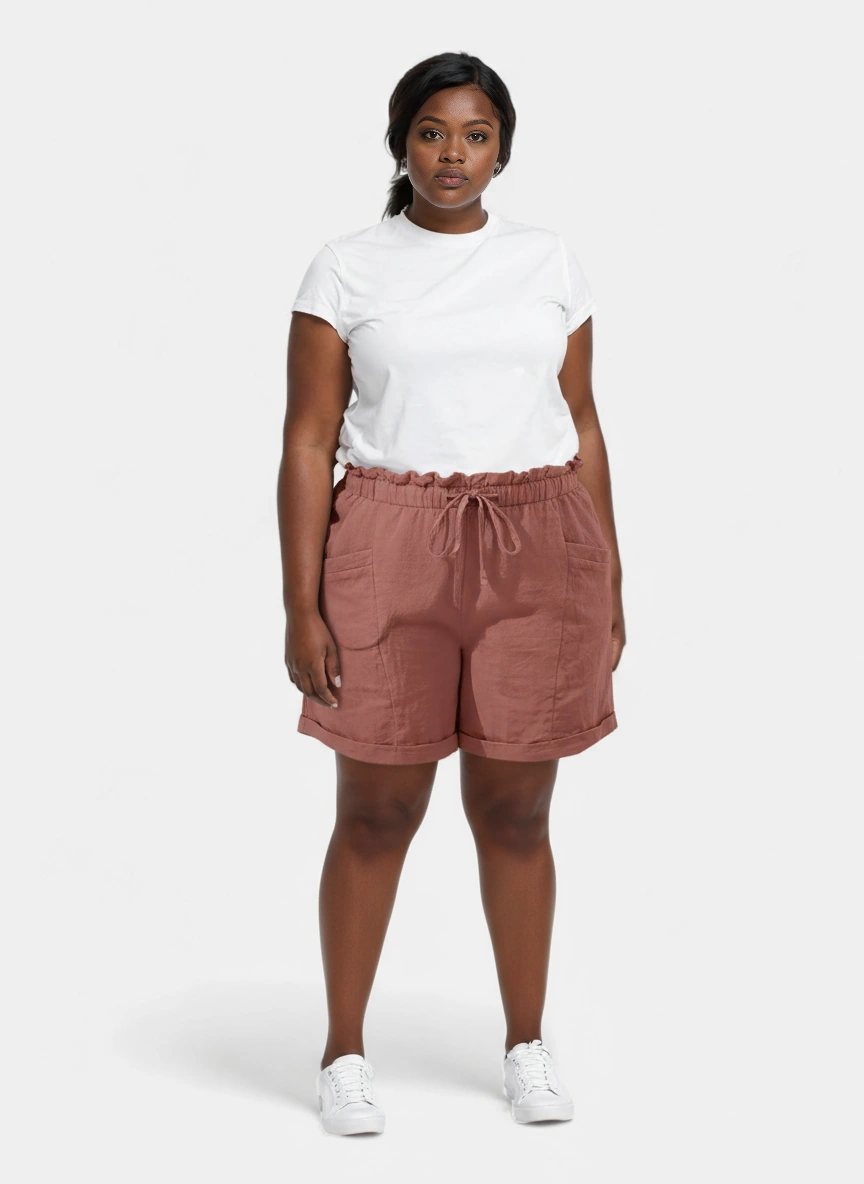 Aurora Plus Size Cotton Shorts – Pink; non-stretch cotton, relaxed leg and cuffed hem;elastic stretch waist, curvy model - AU sizes 16–24