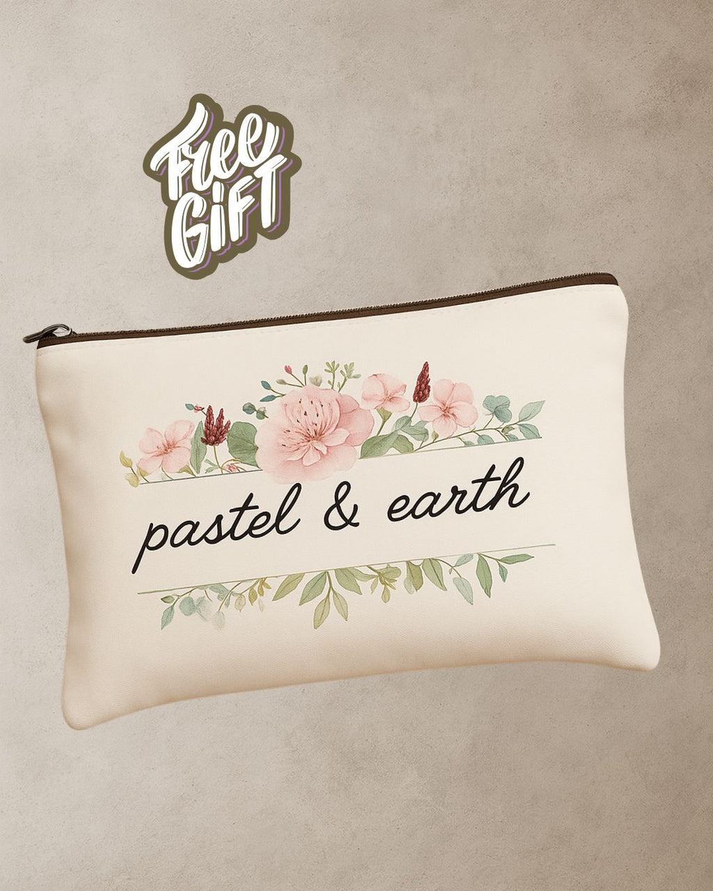 Pastel & Earth Signature Makeup Case – Floral Design; zip cosmetic bag, free gift valued at $15 included with select purchase.