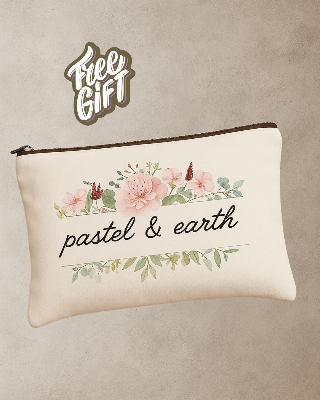 Pastel & Earth Signature Makeup Case – Floral Design; zip cosmetic bag, free gift valued at $15 included with select purchase.