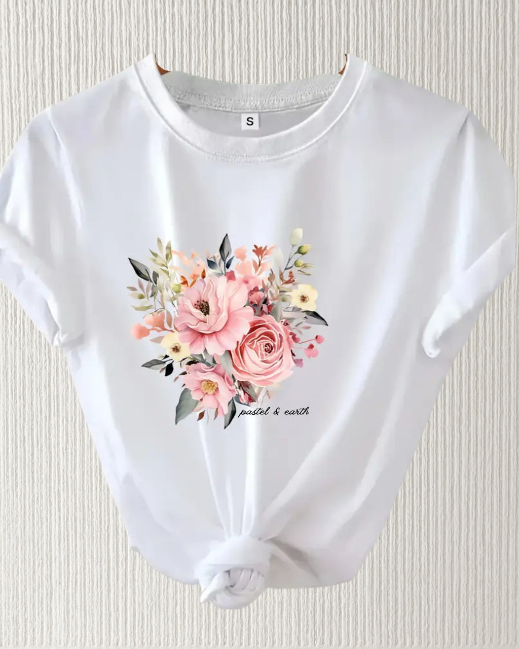 Floral Signature T-Shirt – White; women’s crew neck tee with Pastel & Earth floral graphic, regular fit, micro-stretch knit.