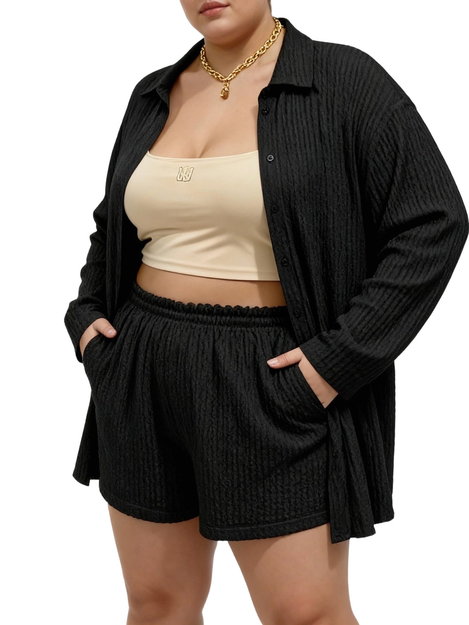 Isla Set – Black, plus size women’s cotton muslin (cheesecloth) shirt-and-shorts set; long sleeve oversized shirt, elastic shorts, breathable lightweight fabric.