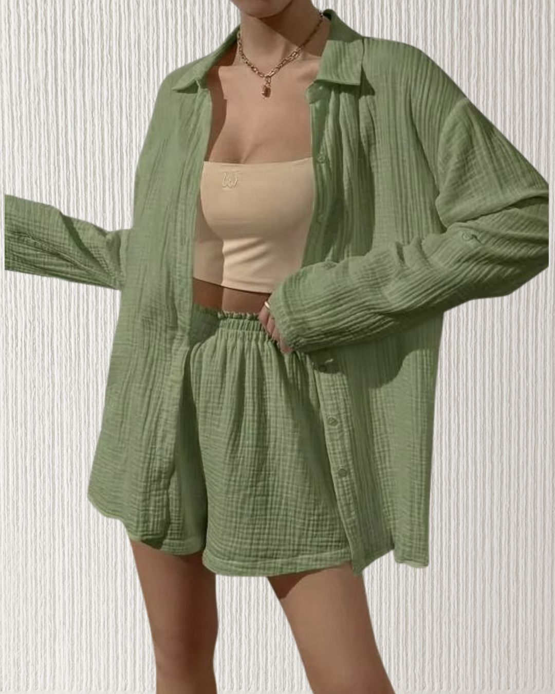 Isla Set – Olive, women’s cotton muslin (cheesecloth) two-piece; oversized long sleeve shirt and shorts set with comfortable elasticised waistband.