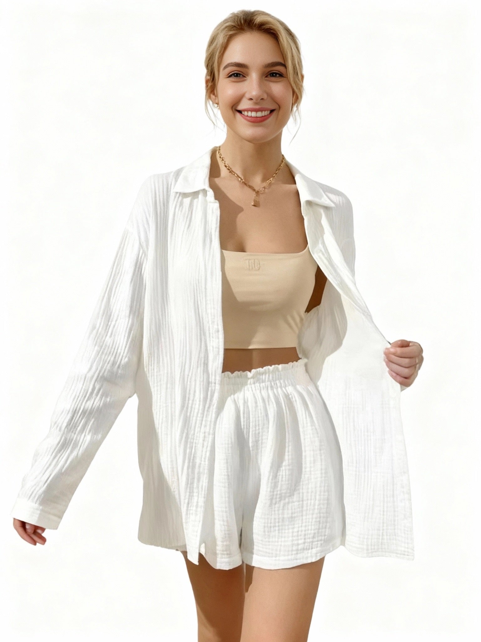 Isla Set – White, women’s 100% cotton muslin (cheesecloth) co-ord with oversized long sleeve shirt and matching shorts; relaxed drape, elasticised waist, narrow fit.