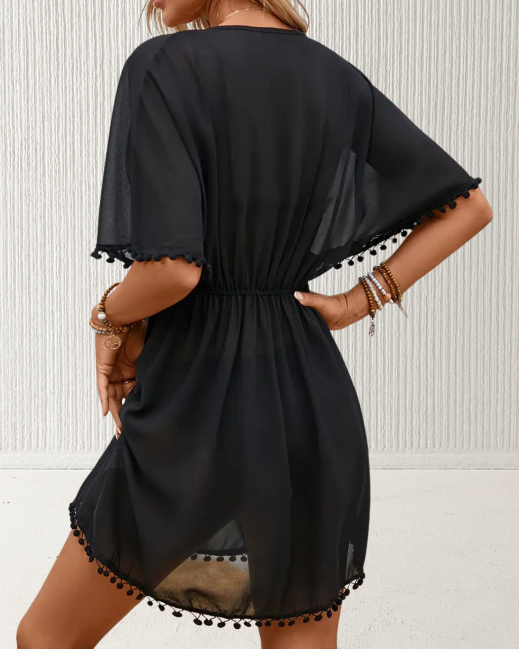 Back: Willow Beach Cover-Up Dress – Black back view; relaxed short cover-up in lightweight polyester.