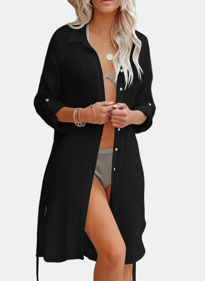Willow Sheer Beach Coverup – Black; front, long sleeve, lapel collar, button front with removable  tie belt; light, easy to dress up or down from beach to bar.
