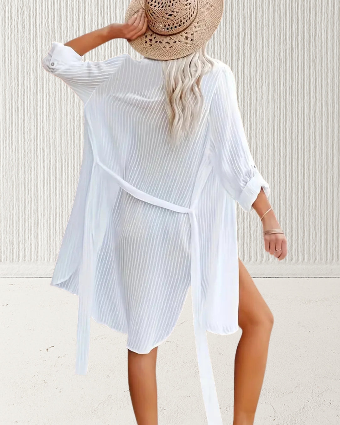 Back: Willow Sheer Beach Coverup – White, back view; relaxed fit, longer length, sheer fabric.
