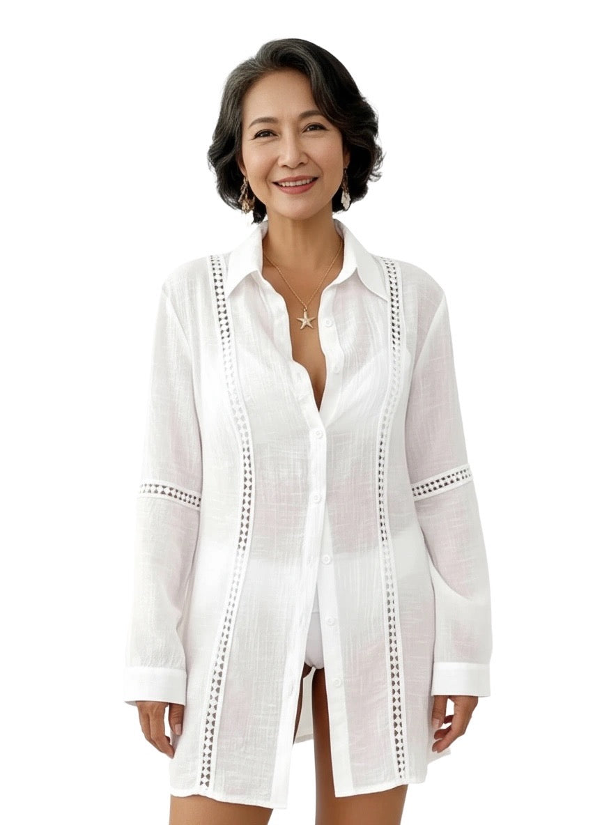 Elegant front view of the Willow White Beach Cover-Up, with intricate detailing and a soft, breathable fabric that drapes gracefully.