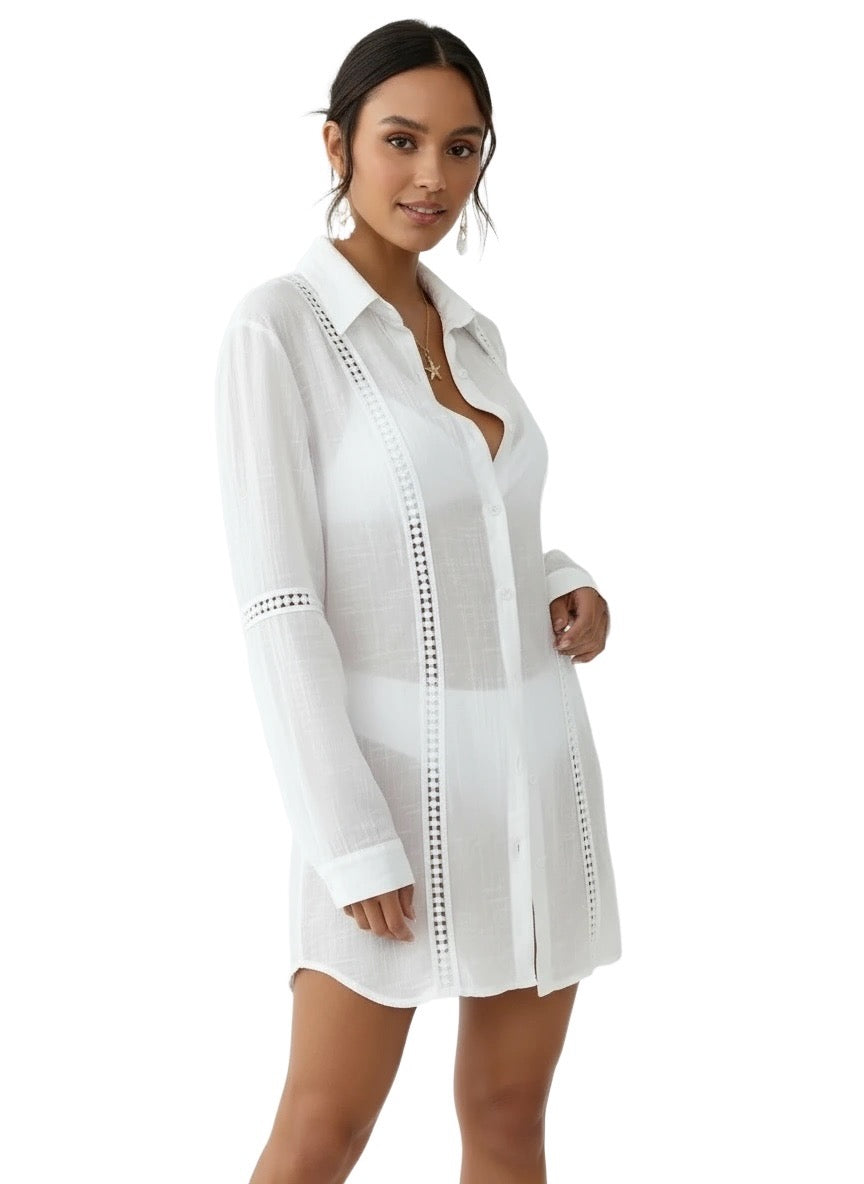 Side view of the Willow White Long-Sleeve Shirt Beach Cover-Up, featuring a soft, flowing silhouette and lightweight fabric perfect for coastal wear.