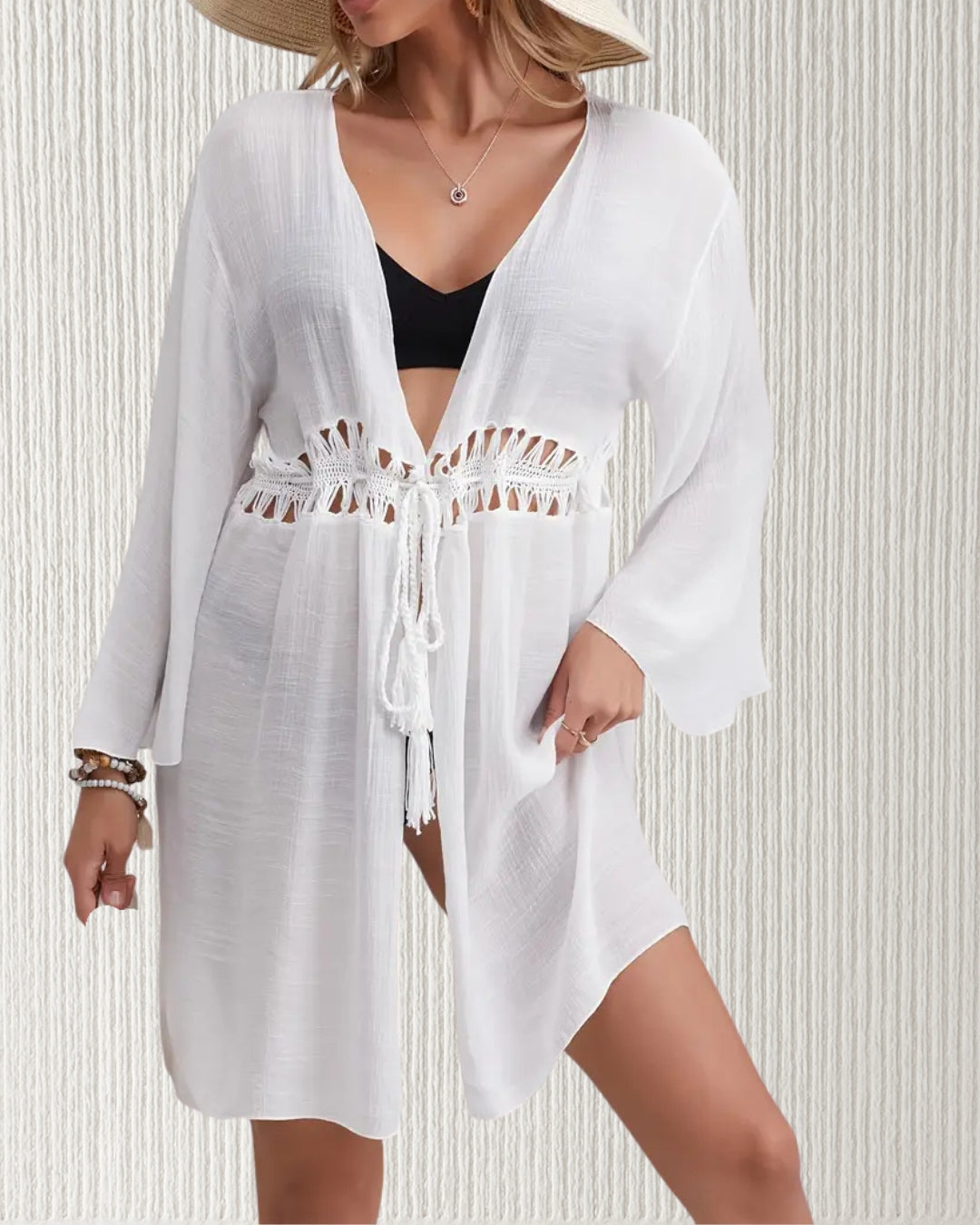 Willow Beach Cover-Up Dress – White; tassel tie waist, V-neckline, and flutter sleeves in semi-sheer, non-stretch polyester; perfect for beach to resort wear.